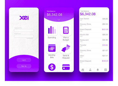 Xei Banking App app design application bank bank app banking budget budget app gradient gradient color log in page logo money money app purple savings social app spending ui ux venmo