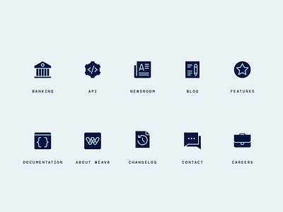 Fintech navigation icons about api banking blog careers changelog contact documentation features financial technology fintech icon design icon designer icon set iconography iconpack icons navigation news press