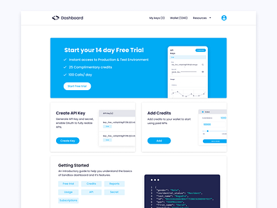 Dashboard | Home Page api apis code credit fintech free free trial getting started landing page landingpage ui ui ux uiux ux wallet