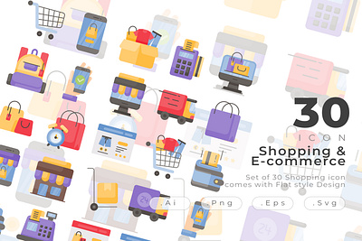 Shopping and ecommerce icon set come with flat style card clock color commerce creative delivery truck ecommerce groceries icon icon design modern online shop outline payment sale shopping shopping bag shopping baket shopping cart trolley