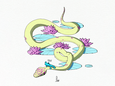 Snek & Froggo Pond Friends 2d frog frog illustration illustration lineart procreate snake snake illustration waterlily