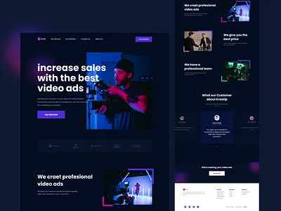 Kreatip - Landing Page ads agency landing page agency website blue business camera clean dark dark mode simple ui user experience user inteface ux video
