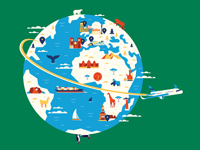 Around the Globe airplane animals character editorial giraffe graphic illustration landmarks map penguins pyramids retro tiger travel vector whale world