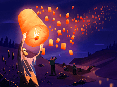 Lantern Festival 2d 2d illustration art celebration character characterdesign festival fireart fireart studio illustration illustrator ipadpro landscape lantern festival lanterns nature night sky photoshop procreate texture