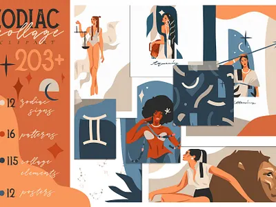 Zodiac collage clipart collection on Creative Market abstract adobe draw art buy now cartoon cartoon character cartoon illustration celestial character design digital art illustration ipad pro logo people procreate vector vector art zodiac zodiac sign
