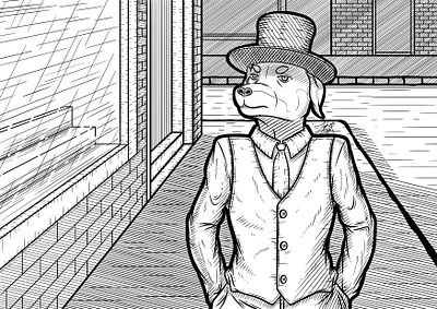 Dog in Suit animal canine cross hatching dog dog illustration drawing humanoid illustration line art lineart sidewalk street stylize stylized suit tie top hat vest walk walking