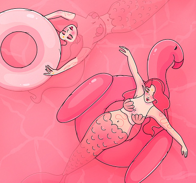 Mermaids Chilling in the Swimming Pool character chilling flamingos holiday illustration mermaid pink poster swim swimming pool tattoo women womens day