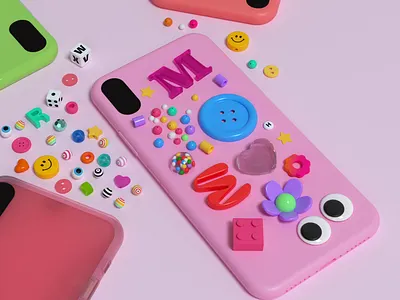 Phone case 2000s 3d illustration 3d rendering beads bracelet character charms cinema 4d dice eyes flower fun games girly illustration jewelry phone trinkets