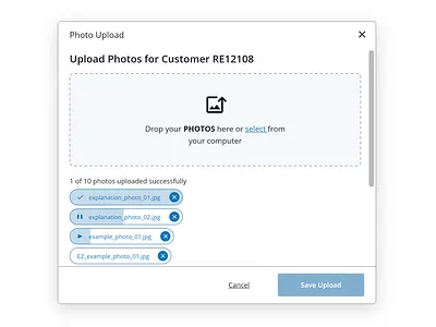 Upload Photos card drag and drop image images photos progress ui upload upload file uploader uploading ux web app