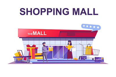 Shopping Mall Web Concept Cartoon Style cartoon commerce concept design e commerce flat graphic header illustration landing mall modern page scene shopping template templates vector web website