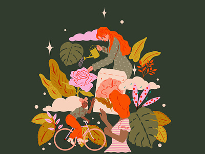 International Women's Day 2021 autumn autumnal cycling female character flat gardening green grow illustration internationalwomensday kindness pink plants procreate red seeds warm warm colors women