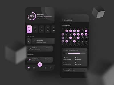 Moeera - Habit Tracker App dark app dark mode dark theme dark ui design elegant design exploration habit tracker minimalist design mobile app task list to do app to do list ui ui design ui exploration ux ux design