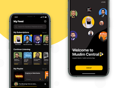 Muslim Central - Welcome & home screen. app dark dark ui design figma islam mobile mobile app muslim podcast project ui uiux ux