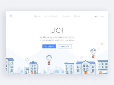 UGI - Web #1 branding city clouds design flat houses illustration illustrator landing page outline shipping box shipping company single page sketch ui ux vector web