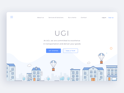 UGI - Web #1 branding city clouds design flat houses illustration illustrator landing page outline shipping box shipping company single page sketch ui ux vector web