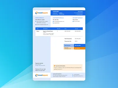 TravelSquare Hotel Voucher Template bill blue branding business client clients design freebie hotel booking identity invoice minimal paper payment print stationery template use voucher voucher design