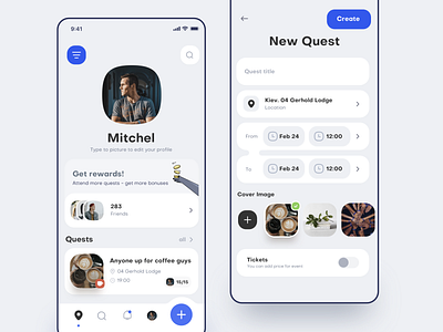 Quests App add app community events illustraion mobile profile ui ux