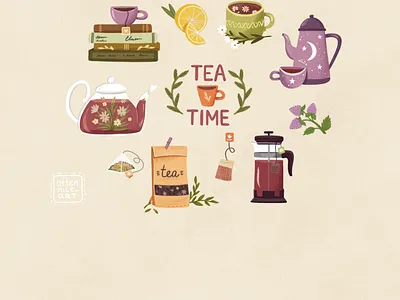 Tea Time Set branding cup design digital art flat grain green illustration kettle lemon logo minimal mug purple stickers tea tea cup teabag teapot yellow