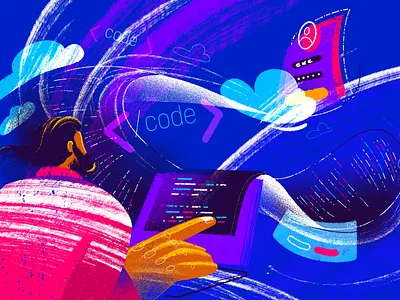 Coding Login Page character character design cloud code coding design developer illustration it login page technology texture ui ux web
