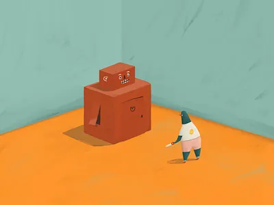 Building a Robot V1 cardboard box children friend illustration imagination lonely orange robot science teal