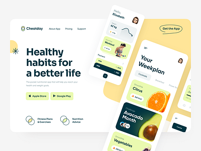 Fitness app landing page application website calories calculator diet filter suggestions fitness application friends list healthcare healthy habit tracker landing page nutrition plan nutritions sport tracker weekplan graph weight statistics workout training
