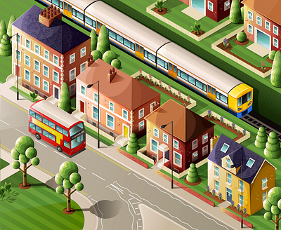 My Street house illustration illustrator isometric isometric illustration london bus london overground street train vector