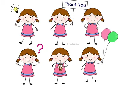set cute girl character children design illustration kids vector