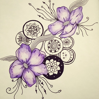 Add some violet circles drawing flowers illustration lines mandala zentangle