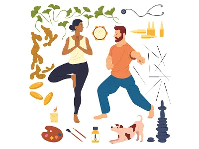 Personal Wellness acupuncture candle character dog drawing editorial ginger graphic healing illustration man medical puppy supplements vector wellness woman