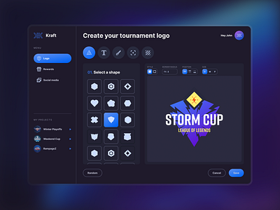 Tournament logo maker by Koncepted app dark mode esport esportlogo gaming gaminglogo interface logo minimal product design tool tournament ui web app