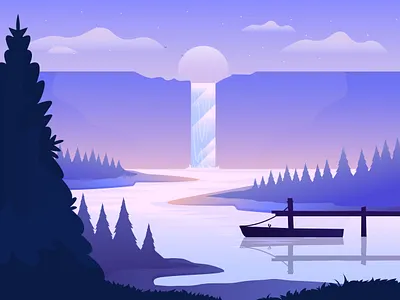 Sunrise Lake fantasy flat forest lake moon moonlight moonshine mystic mystical purple purples river stars sunrise vector waterfall