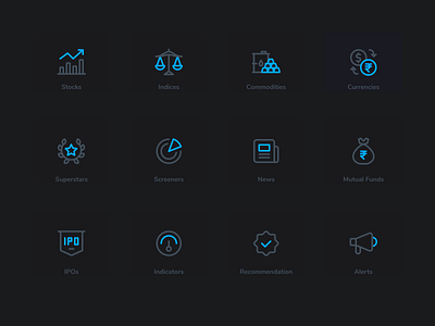 Stock Market Iconography app block chain blockchain commodities crypto currency dark dark mode dark theme icon iconography ipo linear icons lineart news stock market stocks ui