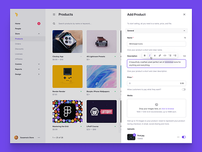 Add Product Panel clean clean design clean ui dark dark app dark mode dark theme dark ui ecommerce ecommerce app ecommerce business ecommerce design minimal minimalism minimalist minimalistic product products