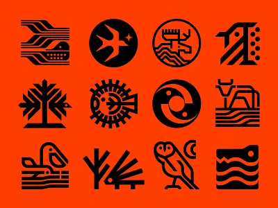 Nature Symbol Exploration 58-69 alligator bird bluejay cattle cow dolphin farm field moon moose owl pelican porcupine pufferfish seaweed swallow tree waves yinyang