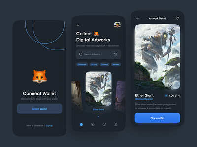 Crypto Art Application - Dark Mode app artwork blockchain crypto exchange crypto wallet cryptoart dark mode dark theme dark ui digital art ethereum finance fintech app marketplace mobile nft nftart nfts ui wallet