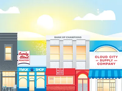 A Stroll in Cloud City bank bridge cafe cityscape cloud city fibonacci illustration magic shop open pizza box roastery san francisco street sunrise sunset supply company twilio