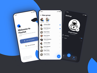 Fluchat app blue chat chat app clean ui concept design dark mode dark ui design flutter minimal minimalistic mobile mobile ui ui ui design uidesign uiux ux white