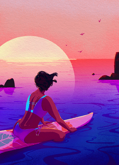 Enjoy the view character character design color colors digitalart hair illustration landscape sea summer sun sunset surf swimsuit water women