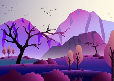 A Purple Morning On A Dessert birds desert desert illustration digital art digital illustration grass illustration illustration art illustration digital illustrations illustrator morning mountains nature nature illustration pink purple purple gradient trees vector