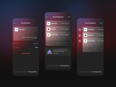 Bank Card Management app bank card dark mode design figma fintech glassmorphism gradient management mobile sketch ui ux