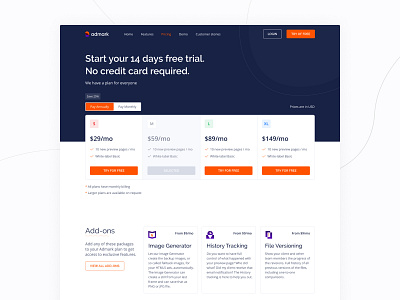 Admark #2 add ons banner concept design icons market price plan pricing page ui ux web website