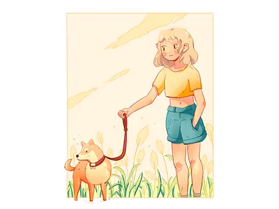 Promenade - Dog walk in countryside art countryside cute dog draw girl girl illustration illustraion illustration art landscape manga shiba shiba inu