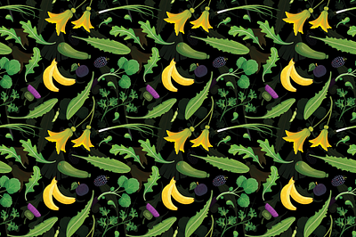 Fruits and Vegetables Pattern arugula banana blackberry conscious cooking food fruit illustration nature pattern pumkin flower spring onion textile vegan vegetables vegetarian watercress zucchini