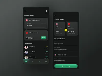 International Money Transfer App app app design banking app cards concept dark dark ui design finance financial app fintech home illuminz interface mobile app mobile ui money transfer payment ui