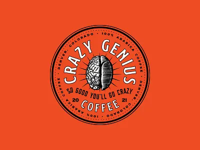 Crazy Genius Logo brain branding coffee coffee bean crazy illustration logo packaging retro vintage vintage logo