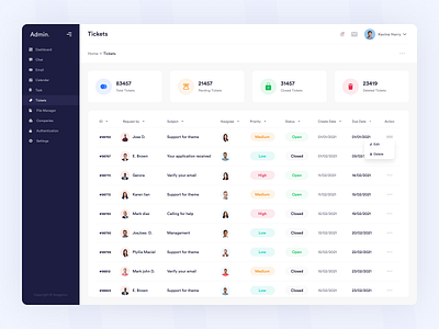 Tickets - Admin Panel Dashboard admin clean dashboard dashboard design design finance fintory interface list view minimal navigation pattern payment product product design responsive saas design user view detail ux