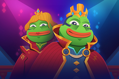 Wager: Promo Art (PEPE Event) art cartoon cartoon style character design characters chip crown illustration king meme meme coin pepe poker queen