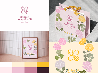 Hanni’s Honey and Milk bee branding cake cake shop color design dribbble flower wreath flowers graphic design honey illustration letter h line logo logo line logotype milk package pink