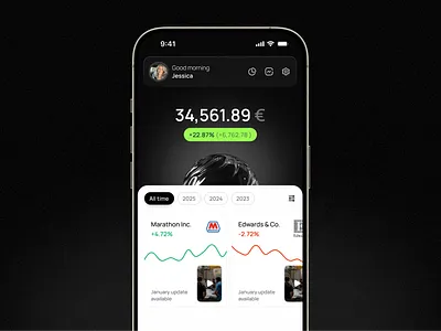 Account App Design black dark design finance graph header invest money numbers product stock tab theme ui ux