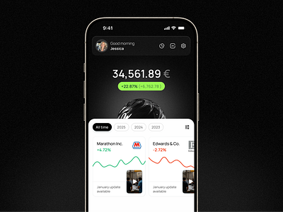Account App Design black dark design finance graph header invest money numbers product stock tab theme ui ux